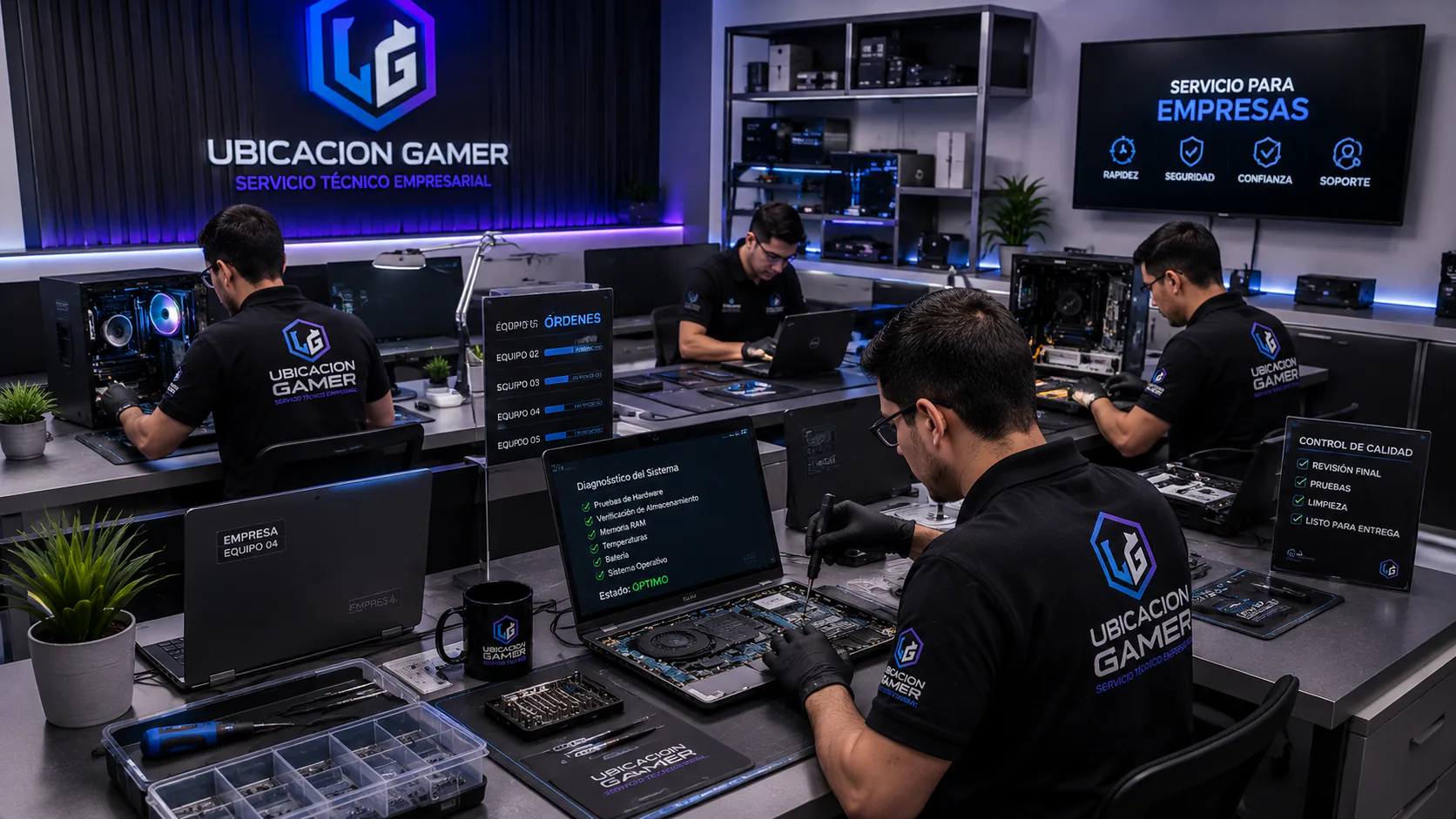 Equipo técnico trabajando en notebooks y PC para soporte empresarial.