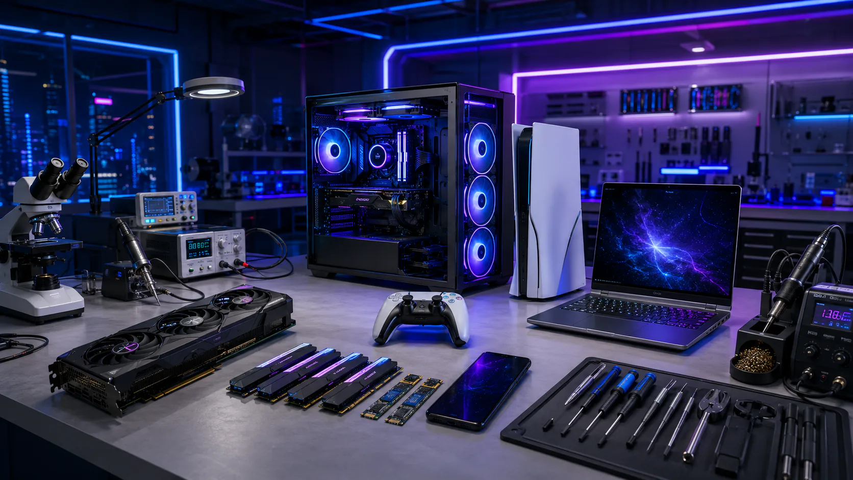 Mesa técnica con PC Gamer, consola, notebook, celular y herramientas de diagnóstico.