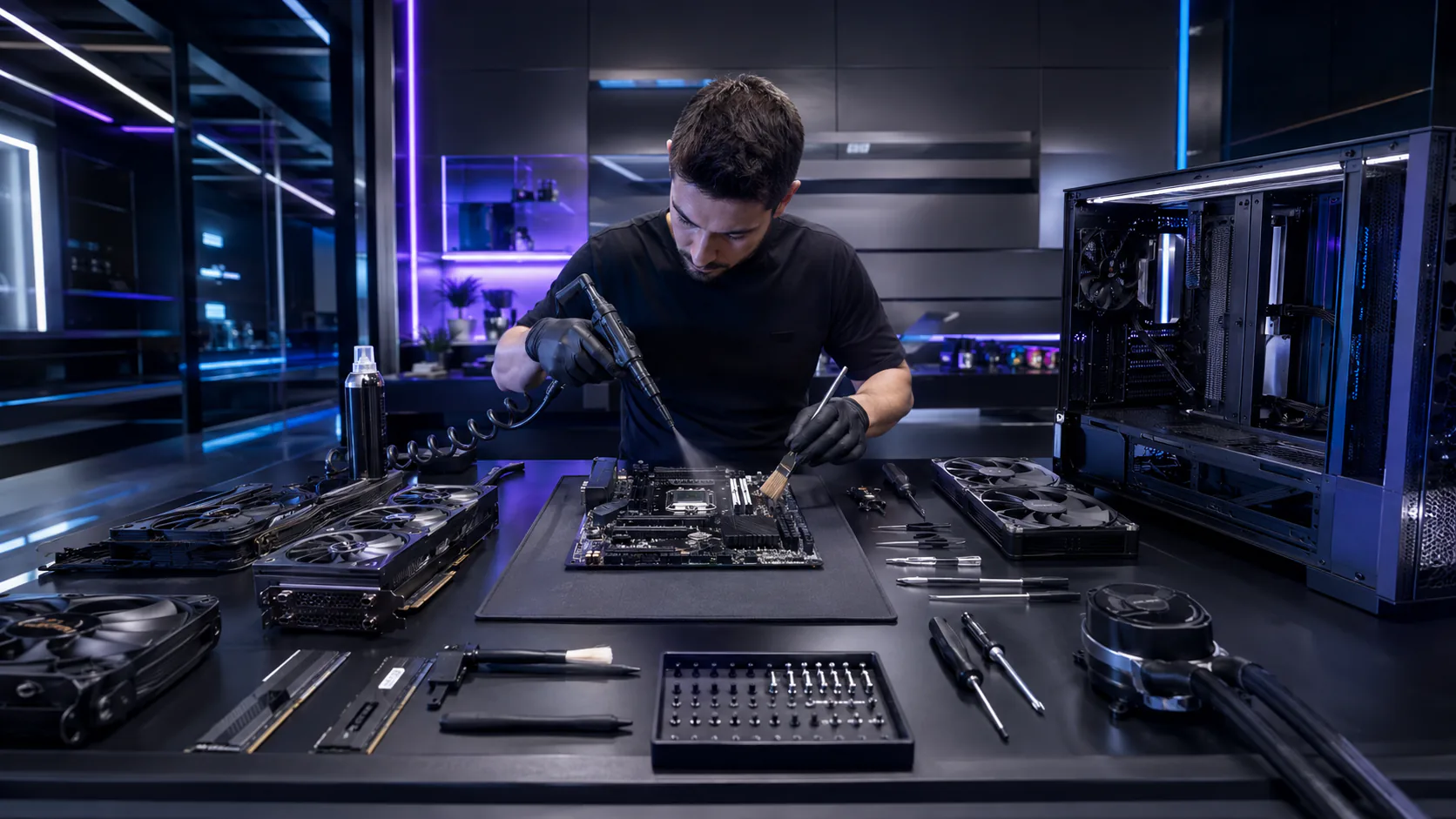 Técnico realizando limpieza interna de componentes de PC con aire y herramientas de precisión.