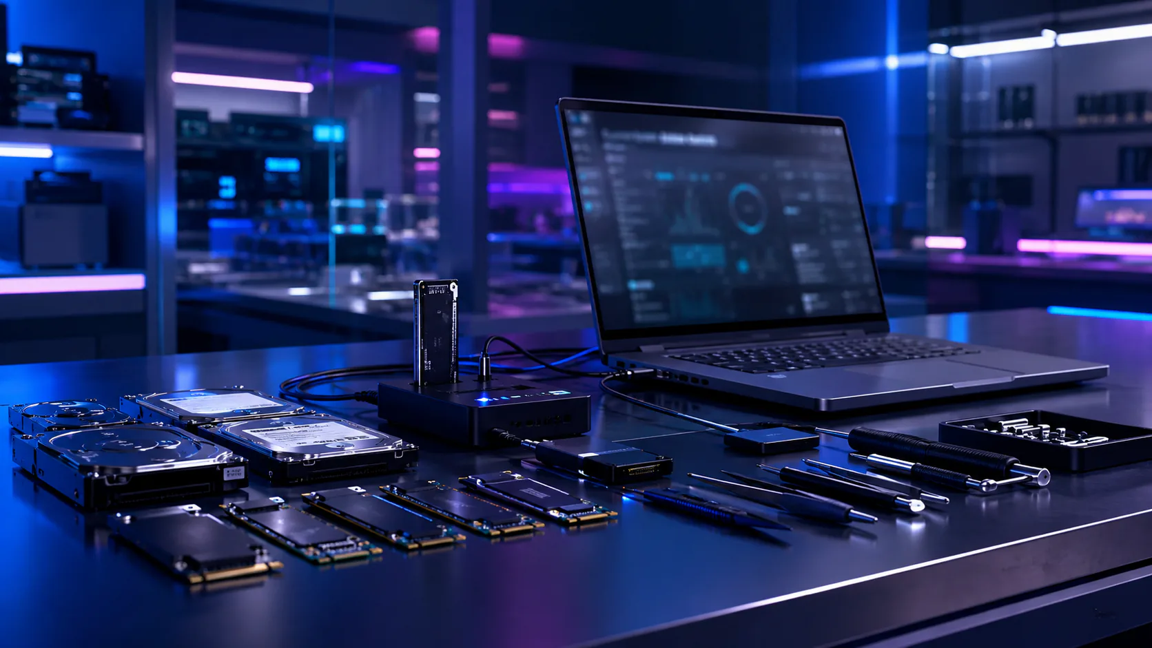 Mesa técnica con discos rígidos, SSD, notebook y estación de recuperación de datos.