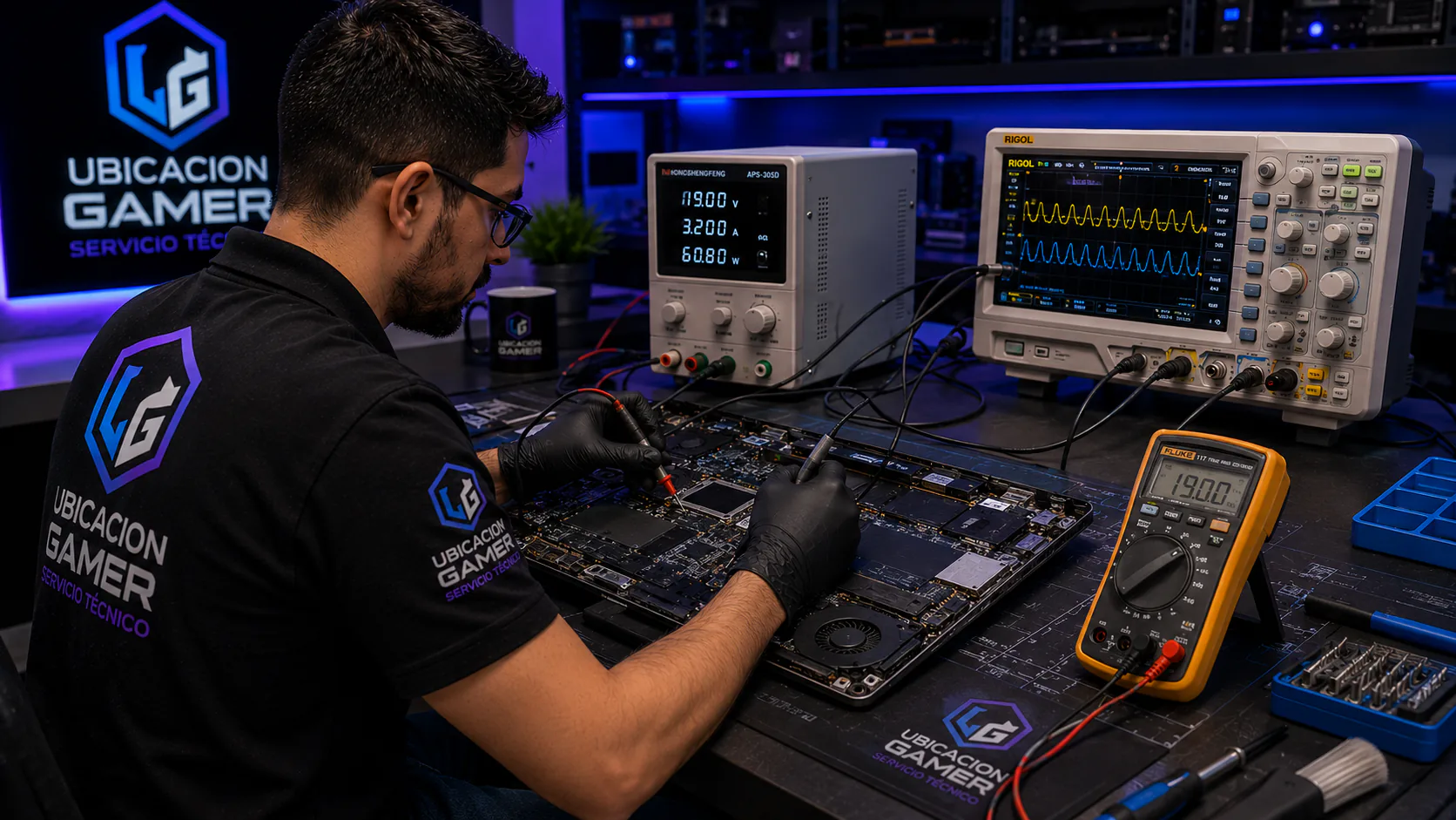 Técnico midiendo una placa electrónica con osciloscopio, fuente de laboratorio y multímetro.