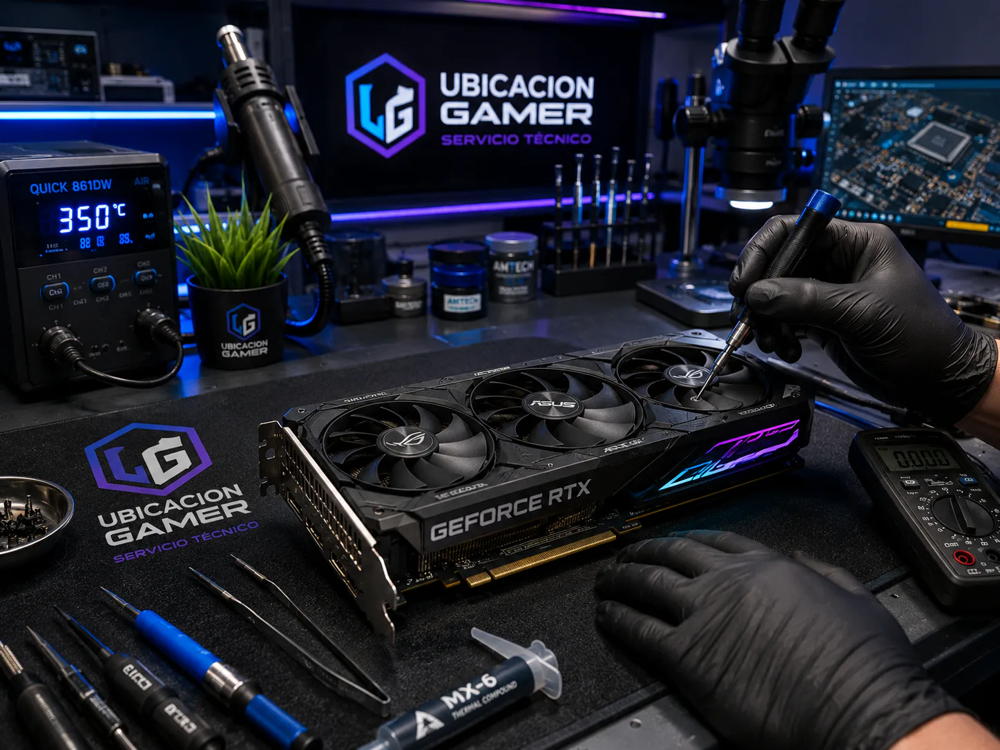 Técnico revisando una placa de video en una estación de reparación de PC.