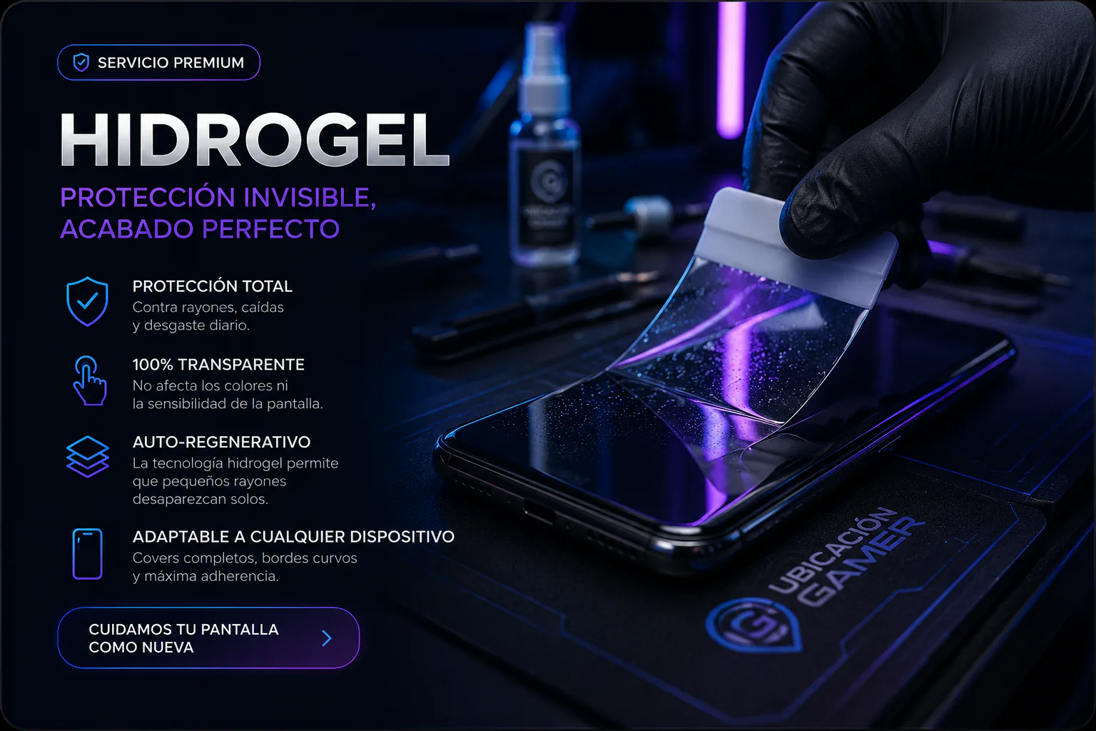 Aplicación de film protector de hidrogel sobre la pantalla de un celular en una mesa técnica.