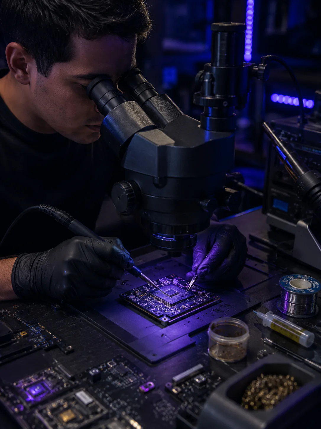 Técnico realizando microsoldadura sobre una placa electrónica bajo microscopio.