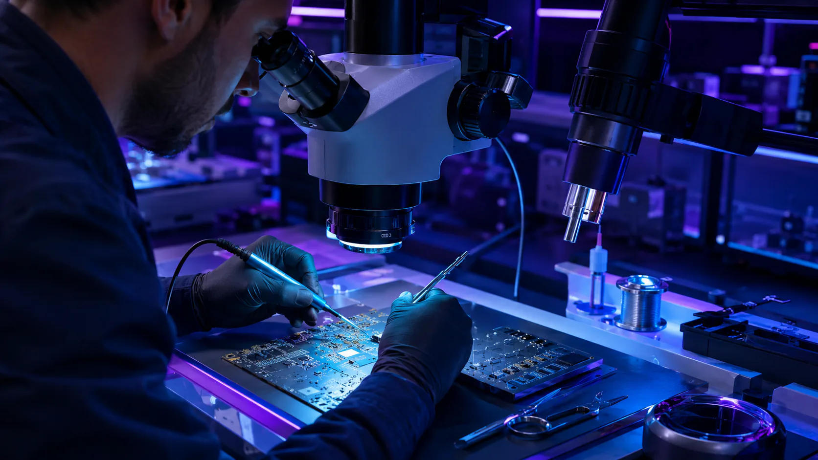 Técnico realizando microsoldadura sobre una placa electrónica con microscopio y estación de calor.
