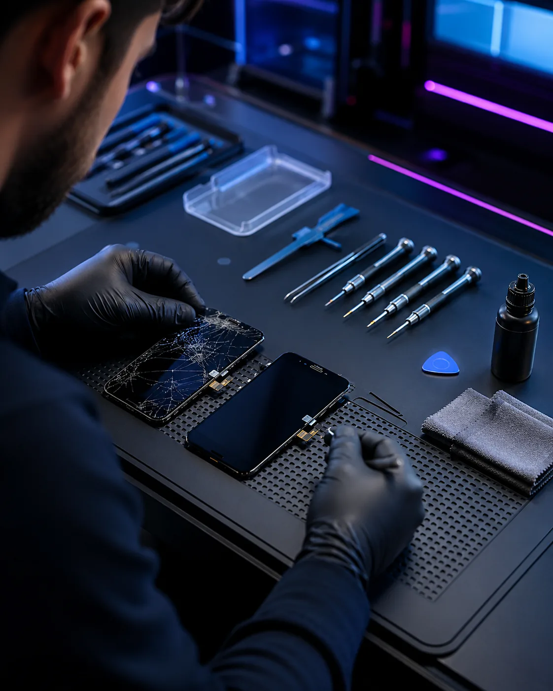 Técnico preparando el cambio de módulo de un celular con pantalla rota sobre una mesa técnica.