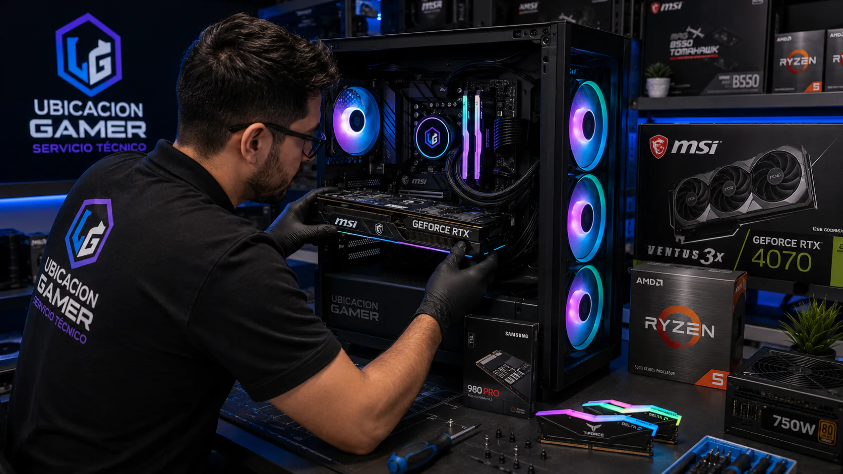 Técnico instalando componentes en una PC Gamer con iluminación RGB y marca Ubicación Gamer.