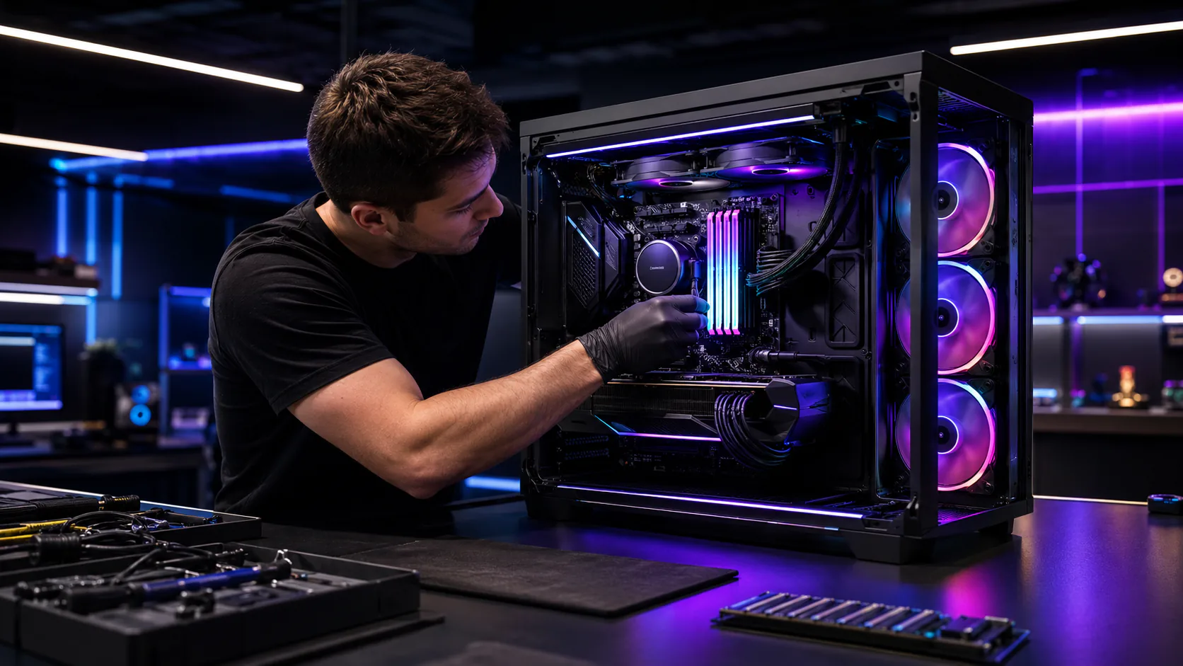 Técnico ajustando memorias RAM RGB en una PC Gamer para mejorar el rendimiento.