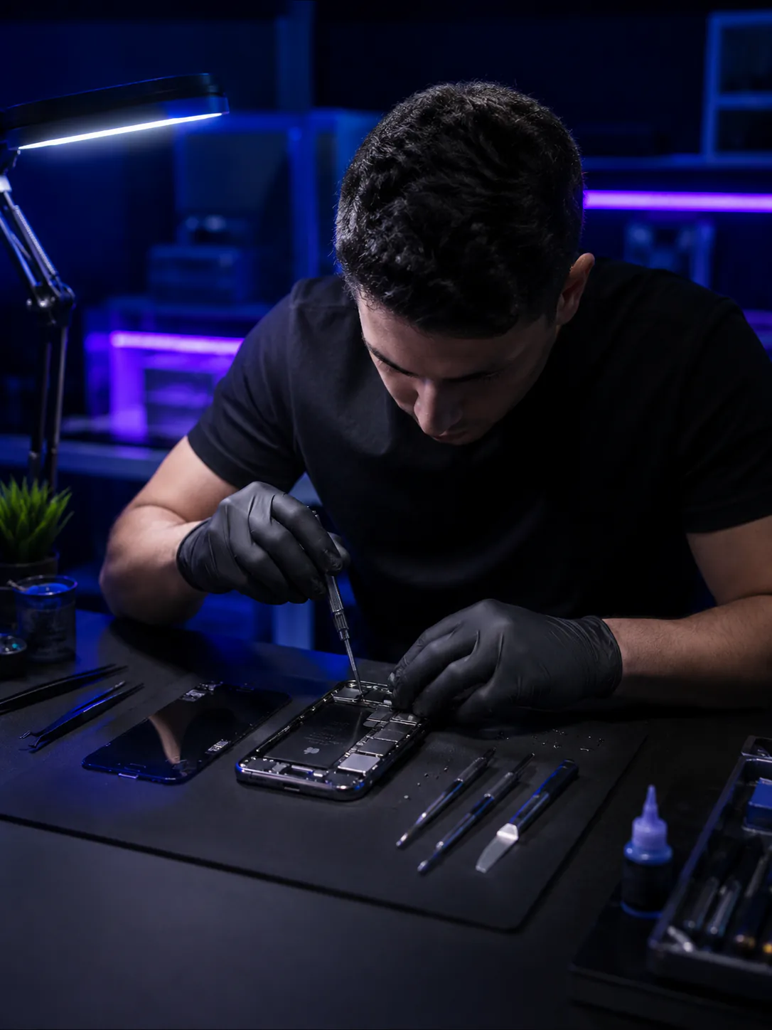 Técnico reparando un celular abierto sobre una mesa de trabajo con herramientas de precisión.