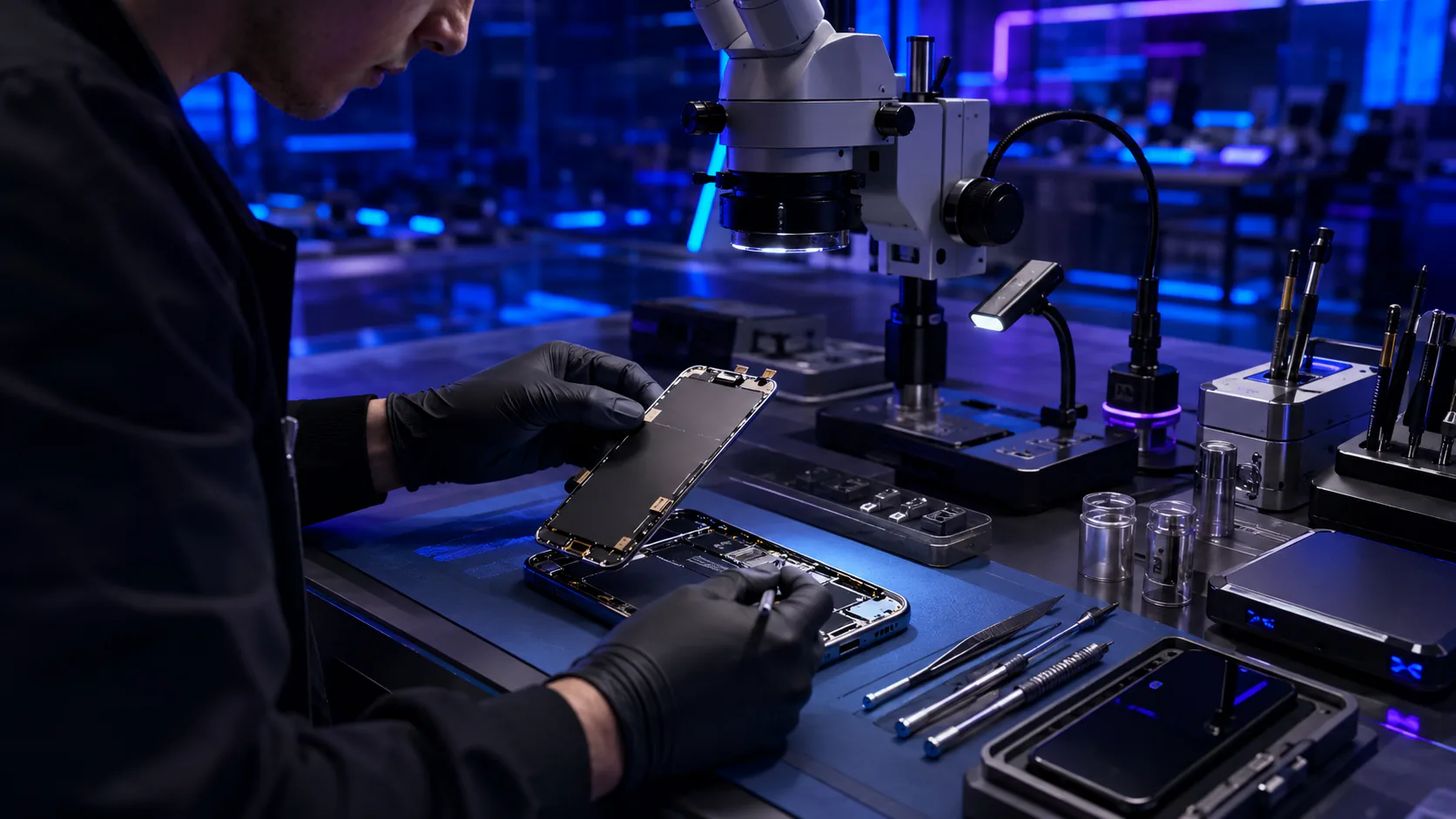 Técnico reparando un celular abierto con herramientas de precisión y microscopio.
