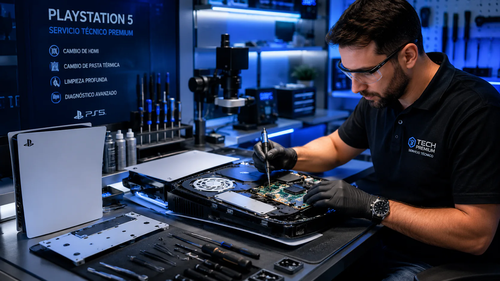 Técnico reparando una consola PlayStation con herramientas de precisión y microscopio.