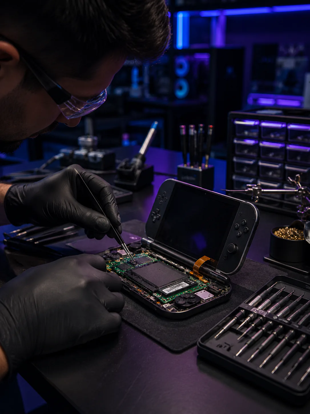 Técnico realizando una reparación electrónica sobre una consola Nintendo portátil.