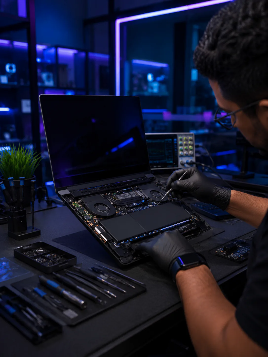 Técnico revisando una notebook abierta en un laboratorio de reparación.