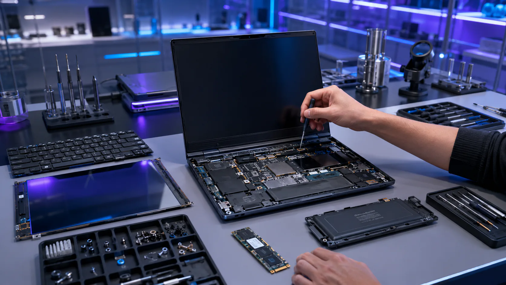 Notebook abierta en reparación con batería, pantalla, teclado y herramientas de precisión sobre mesa técnica.