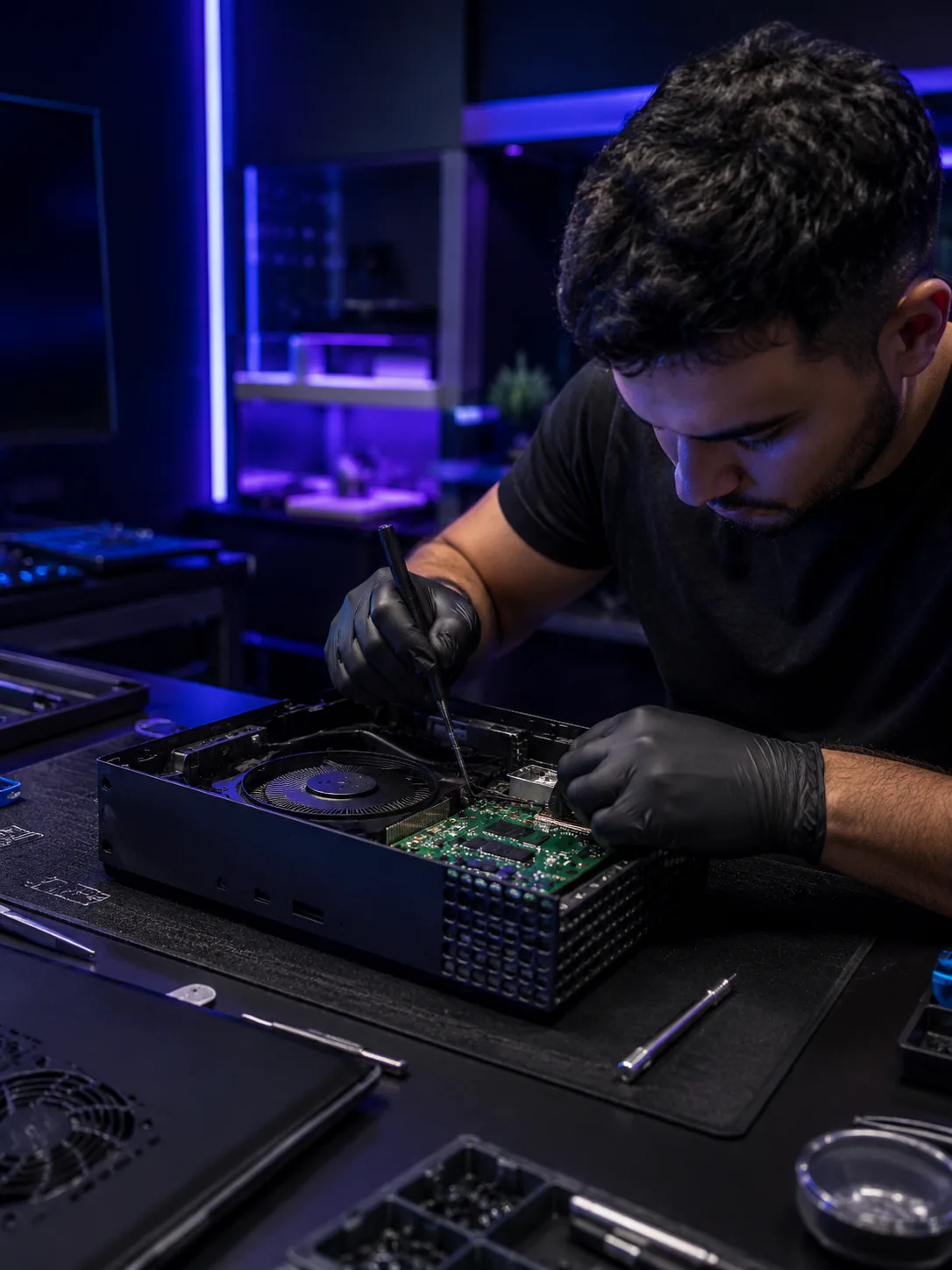 Técnico revisando una consola Xbox abierta durante una reparación.