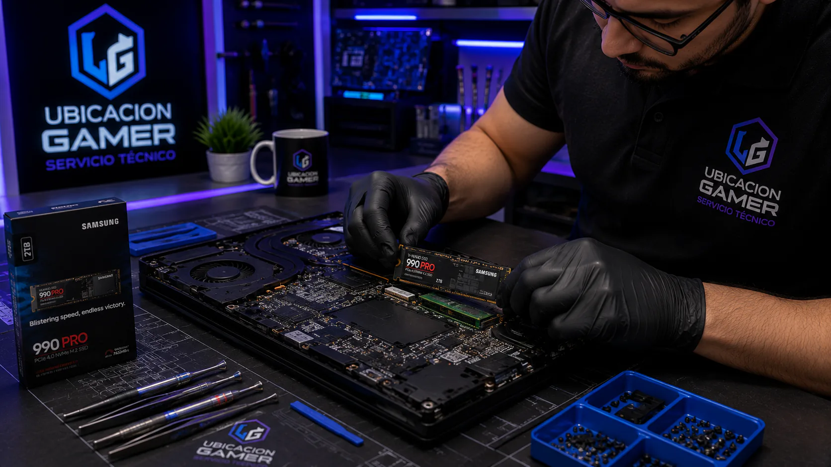 Técnico instalando un SSD NVMe en una notebook sobre una mesa de trabajo de Ubicación Gamer.
